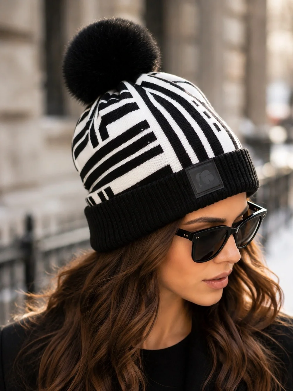 Karl Lagerfeld Beanie Pom Pom Toboggan Hat Black White Satin Lined Quiet Luxury